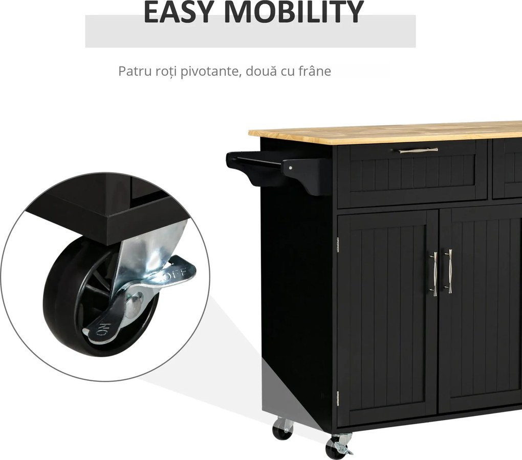 HOMCOM Cărucior Modern pe Roți cu Sertare de Depozitare, Cărucior Utilitar Rulant cu Rafturi Reglabile și Suport, 89x23x96cm, Negru | Aosom Romania