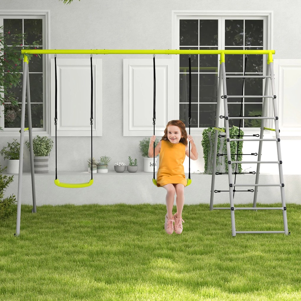 Outsunny 4 în 1 balansoar portic pentru copii cu 2 șezlonguri de balansoar, scară cățărătoare și plasă de escaladă verde | Aosom Romania