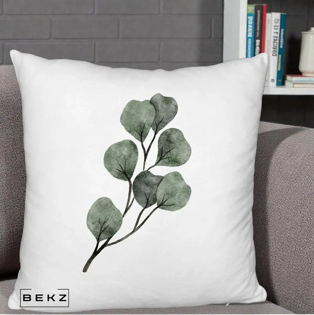 Perna Decorativa Ramura Eucalipt Acuarela, 40x40 cm, Alb Pufos, Husa Detasabila, Perna Inclusa, BEKZ®