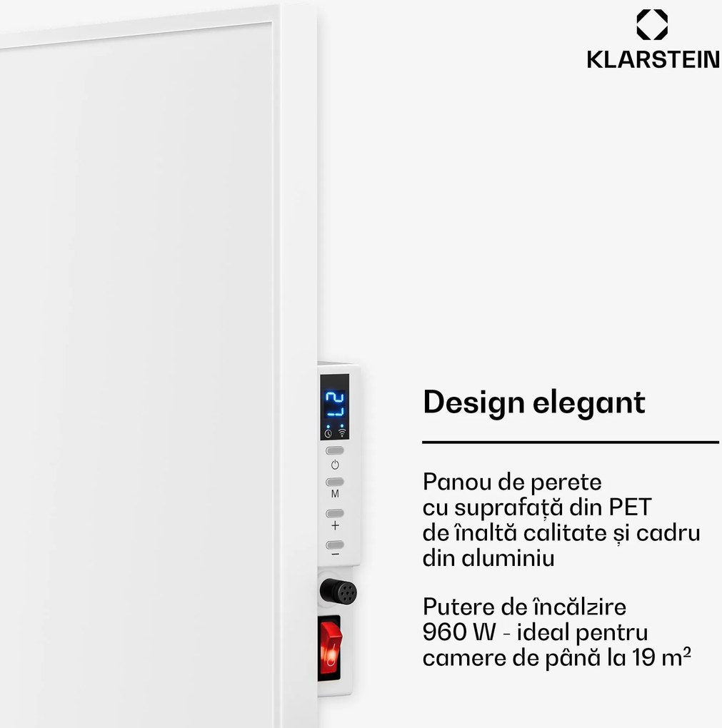 Klarstein Wonderwall 960 Smart, încălzitor cu infraroșu, 80 x 120 cm, 960 W, cronometru săptămânal, IP24, alb