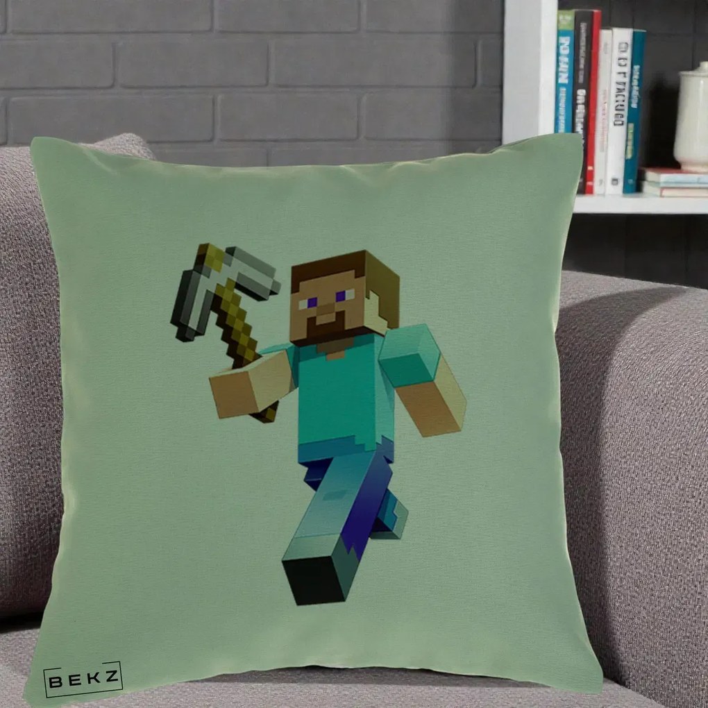 Perna Personalizata Minecraft Steve cu Tarnacop, 40x40 cm, Verde, Husa Detasabila, Perna Inclusa, BEKZ®