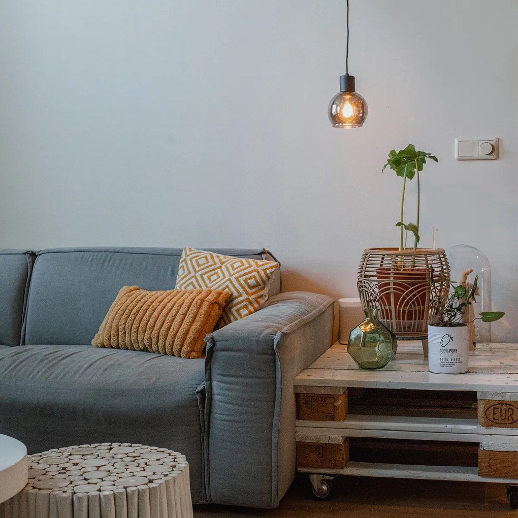 Lampă suspendată Art Deco neagră cu sticlă fumurie - Vidro