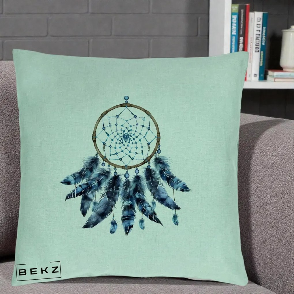 Perna Personalizata Prinzator de Vise cu Pene Albastre, 40x40 cm, Verde Menta, Husa Detasabila, Perna Inclusa, BEKZ®