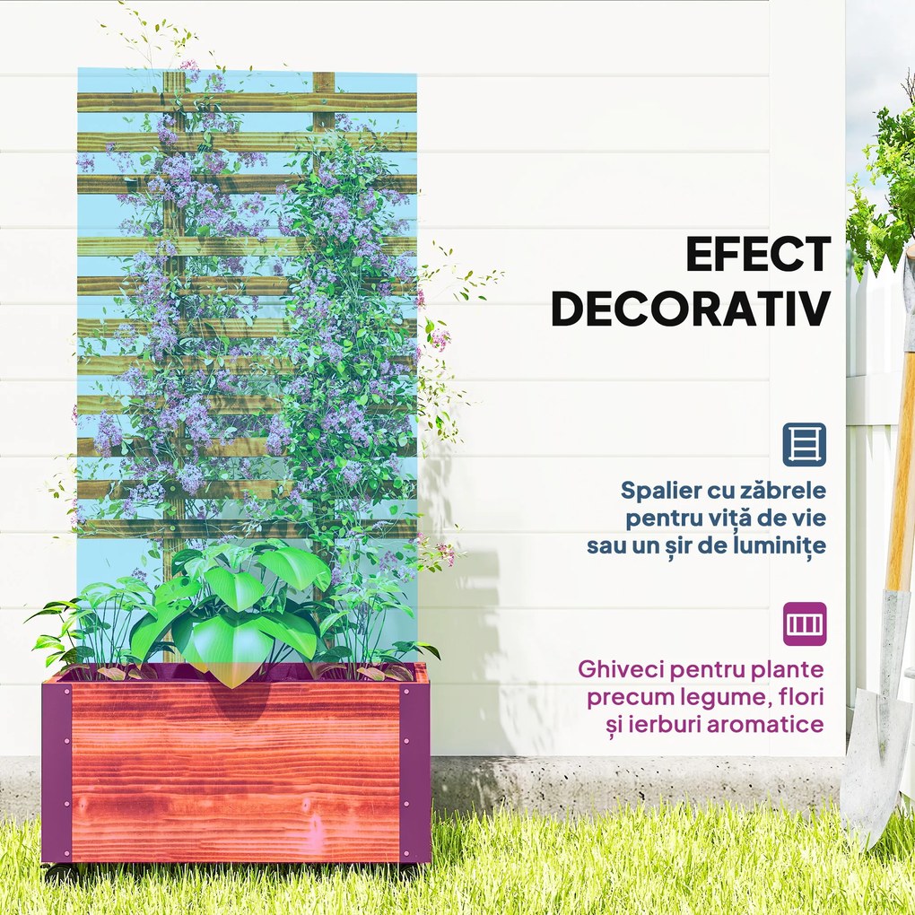 Outsunny Jardiniera cu Spalier pentru Plante Agatatoare si Roti, Jardiniera din Lemn de Brad cu Design Autodrenant, 65x31x147 cm, Maro Carbonizat