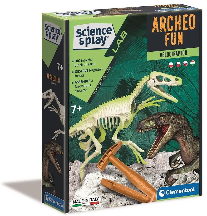 Dinozaur Archeo Fun Set Arheologic Velociraptor Luminos Clementoni