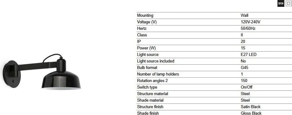 Aplica de perete cu brat directionabil TATAWIN negru