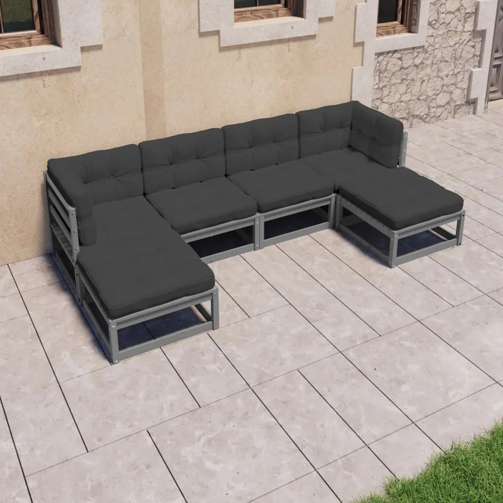 3077116 vidaXL Set mobilier grădină cu perne, 6 piese, gri, lemn masiv de pin