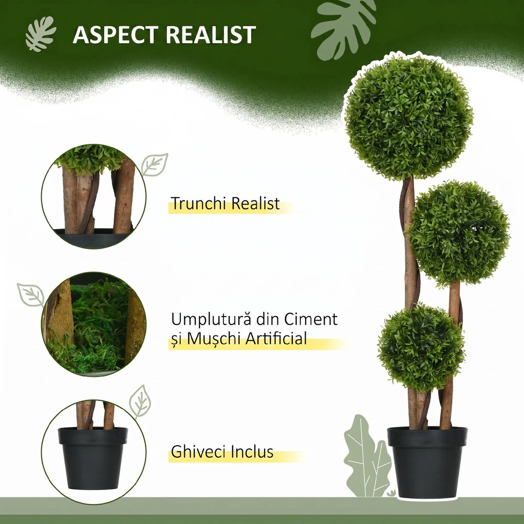 HOMCOM Plantă Artificială de Buxus cu 3 Ffere și Frunze de Bambus | Aosom Romania