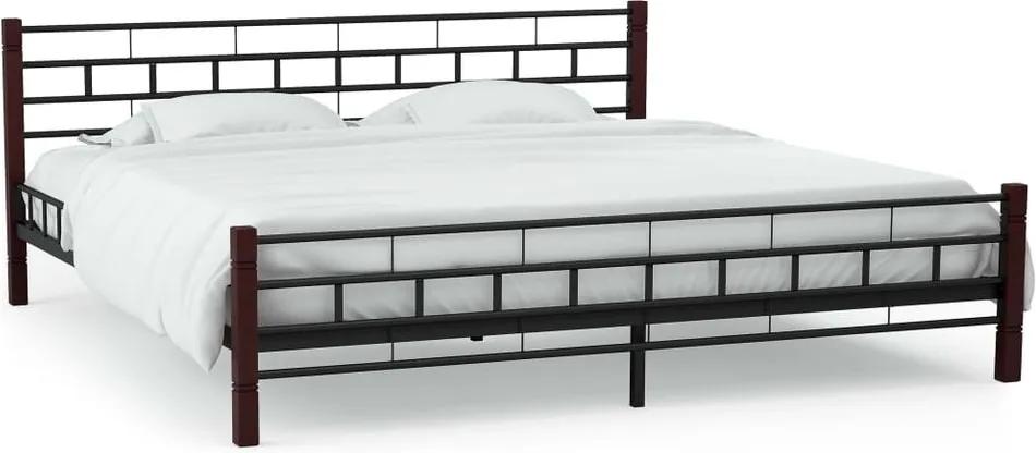 Cadru de pat metalic, 140 x 200 cm, stâlpi lemn, bază șipci