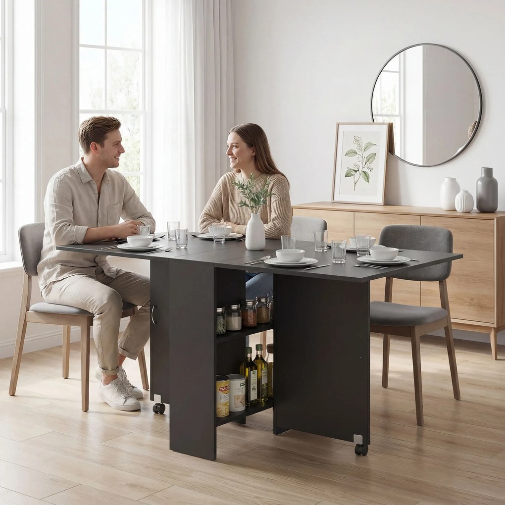 HOMCOM Masă Pliantă din Lemn cu Roți, pentru 4-6 Persoane, 75x140x75 cm, Negru | Aosom Romania