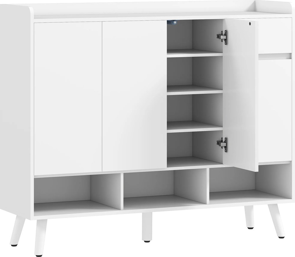 HOMCOM Dulap pentru pantofi cu design fără mânere, 4 uși, 4 rafturi reglabile, raft independent pentru pantofi cu 5 picioare din lemn, lemn, Alb | Aosom Romania