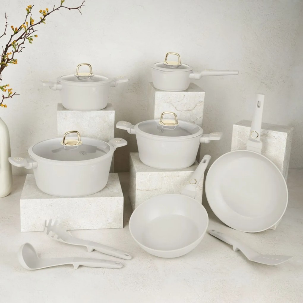 Set oale si tigai cu capace 15 piese Sahara Collection Berlinger Haus BH 8081N, crem, antiaderente, curatare usoara, inductie, design elegant, premium