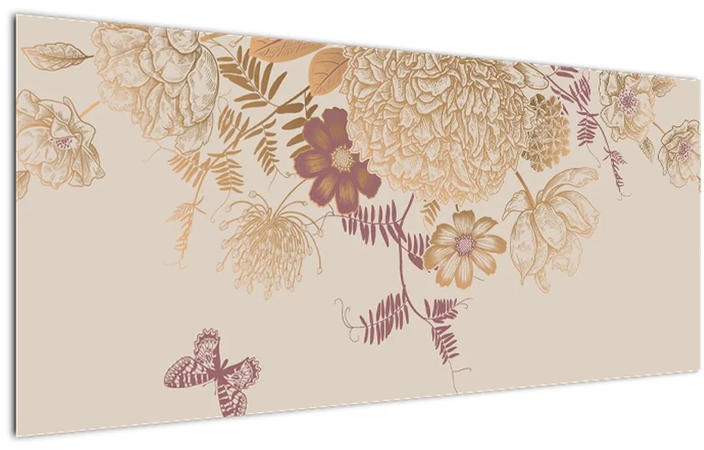 Tablou - Vintage, flori și fluturi (120x50 cm)
