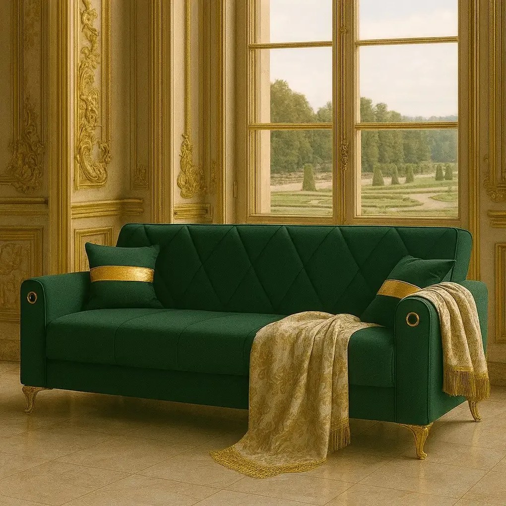 Canapea extensibila cu lada de depozitare 220x87x93 cm , detalii aurii,verde – Camara