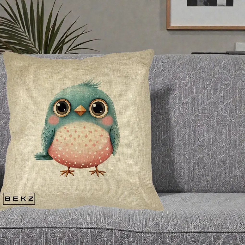 Perna Decorativa Pasare Teal-Roz cu Pete, 40x40 cm, Crem, Husa Detasabila, Perna Inclusa, BEKZ®