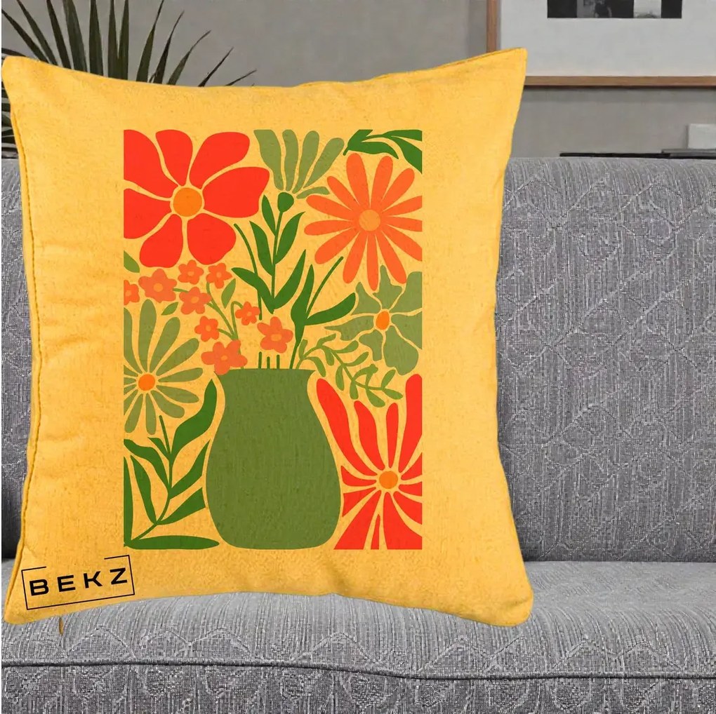 Perna Decorativa Flori in Vaza Turcoaz, 40x40 cm, Galben, Husa Detasabila, Perna Inclusa, BEKZ®