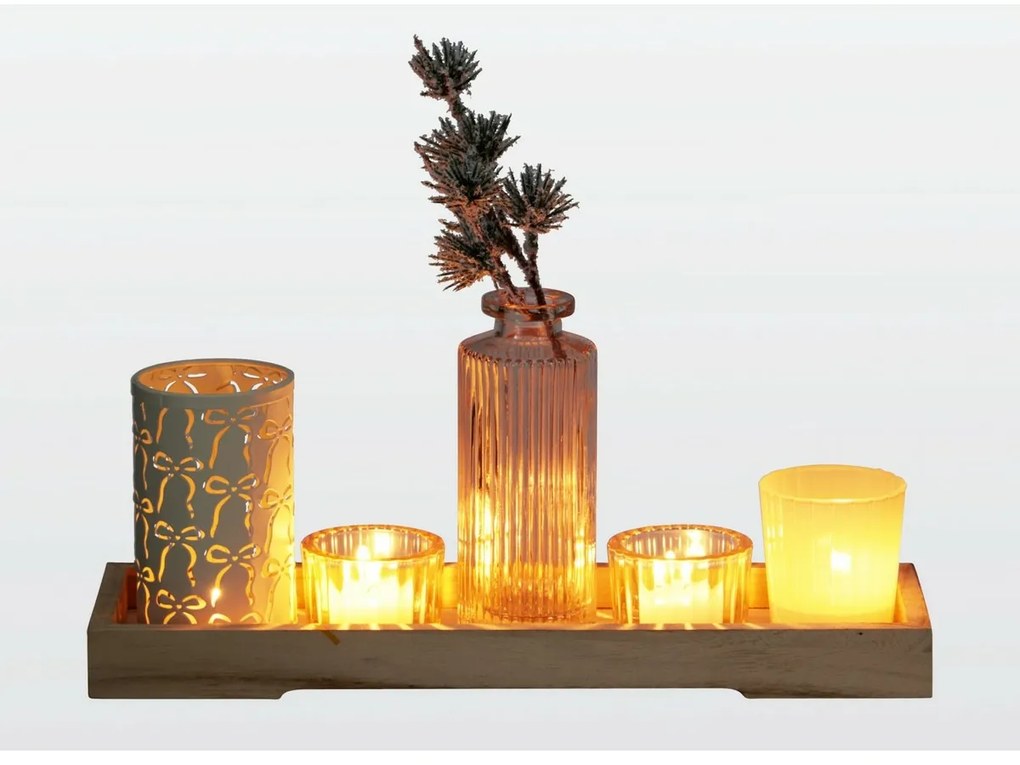 Set de sfeșnice pe tavă din lemn Winter Time, 6bucăți, 10,5 x 32,5 cm