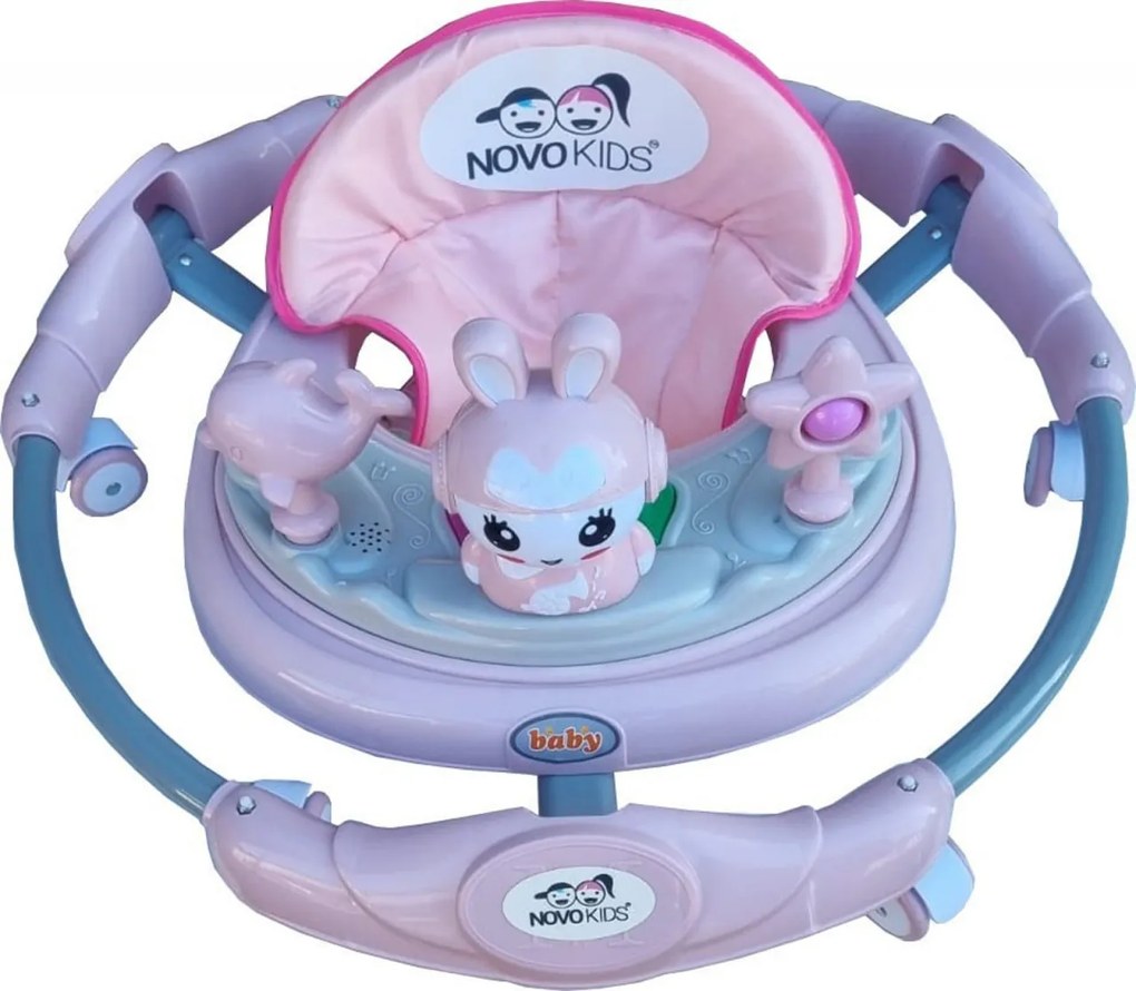 Premergator reglabil in 6 trepte de inaltime NOVOKIDS™ Happy Bunny, Cu melodii si lumini, Pliabil, Max 20 kg, Roti silentioase, Model Iepuras, Roz