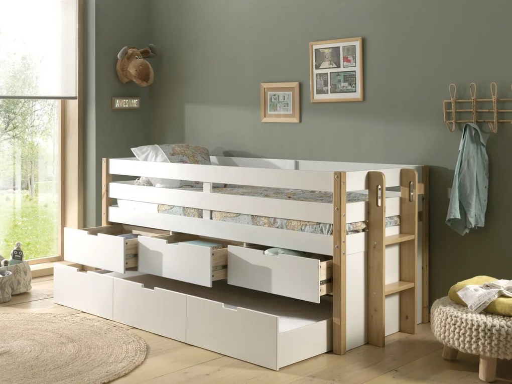 Pat pentru copii MARGRIT, 90 x 200 cm, alb cu tonuri naturale, cu 3 sertare și pat trundle pentru dormit sau depozitare – Vipack