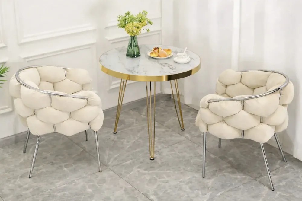 Scaun dining, tapiterie catifea, cadru metalic crom, Bej