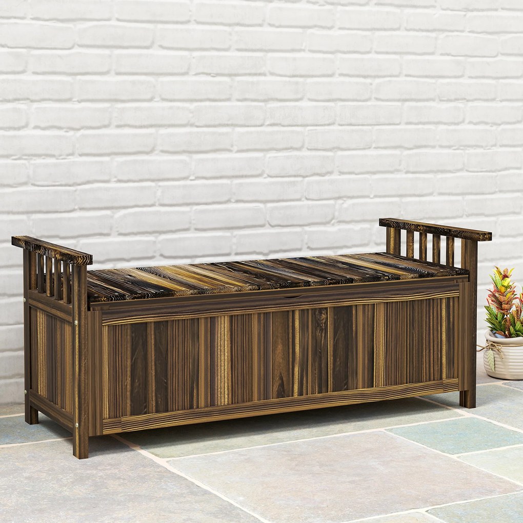 Outsunny Bancă de grădină cu 2 locuri din lemn, rezistentă la intemperii, mobilier de grădină cu spațiu de depozitare și brațe 128,5 x 56 x 53,5cm, Verkohlt | Aosom Romania