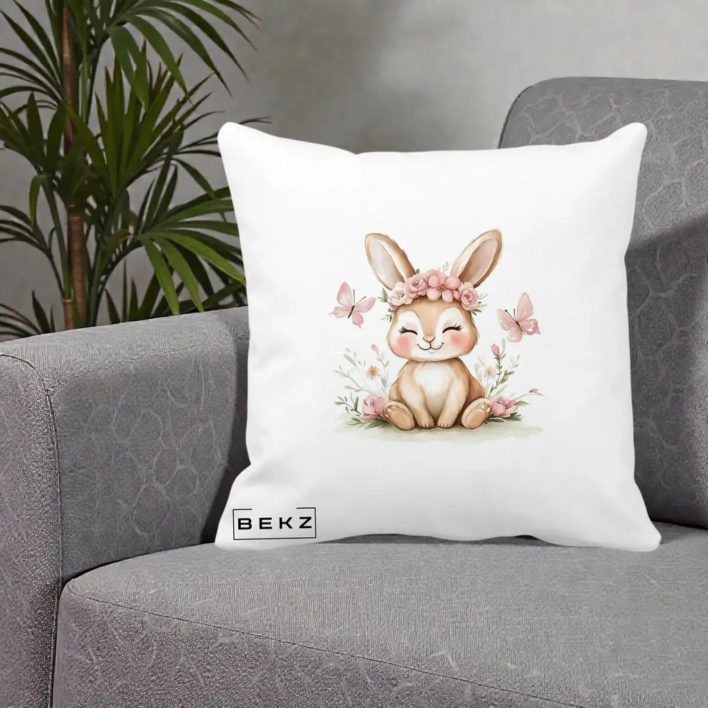 Perna Decorativa Iepuras cu Coronita Florala Roz, 40x40 cm, Alba Mata, Husa Detasabila, Perna Inclusa, BEKZ®