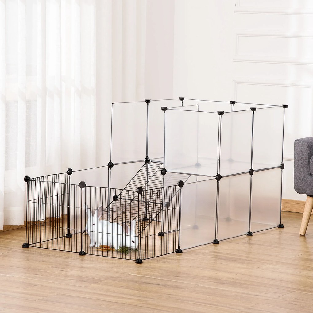 PawHut Țarc Modular pentru Animale de Talie Mică cu Panouri și Accesorii, 140x70x70 cm, Negru | Aosom Romania