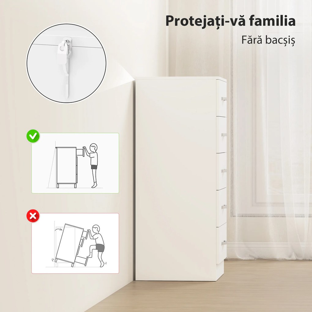 HOMCOM Comodă cu 5 Sertare, Design Modern, Slim, cu Mânere Argintii, Ideală pentru Dormitor, Cameră, Hol sau Living, Dimensiuni 40x35x85 cm, Alb | Aosom Romania