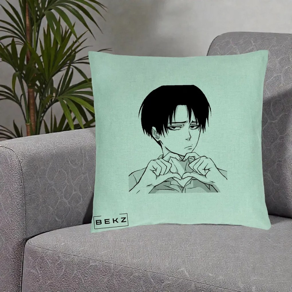 Perna Personalizata Levi Ackerman Inima, 40x40 cm, Verde Menta, Husa Detasabila, Perna Inclusa, BEKZ®