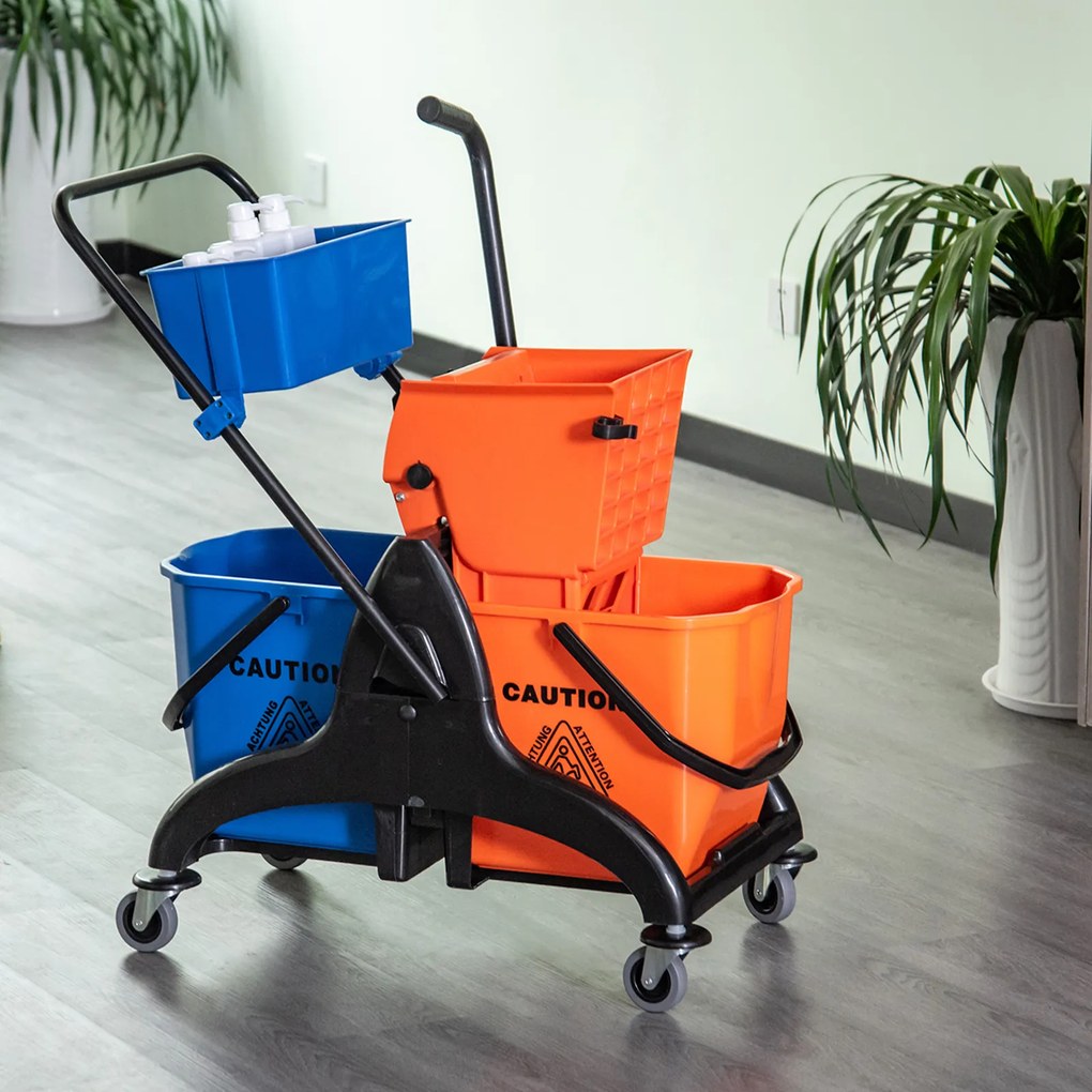 HOMCOM Cărucior Profesional de Curățenie cu 2 Găleți de 26L, Cărucior cu Presă, Mâner și 4 Roți Universale, pentru Hotel, Casă, Birou, 78x45x95 cm, Portocaliu și Albastru | Aosom Romania