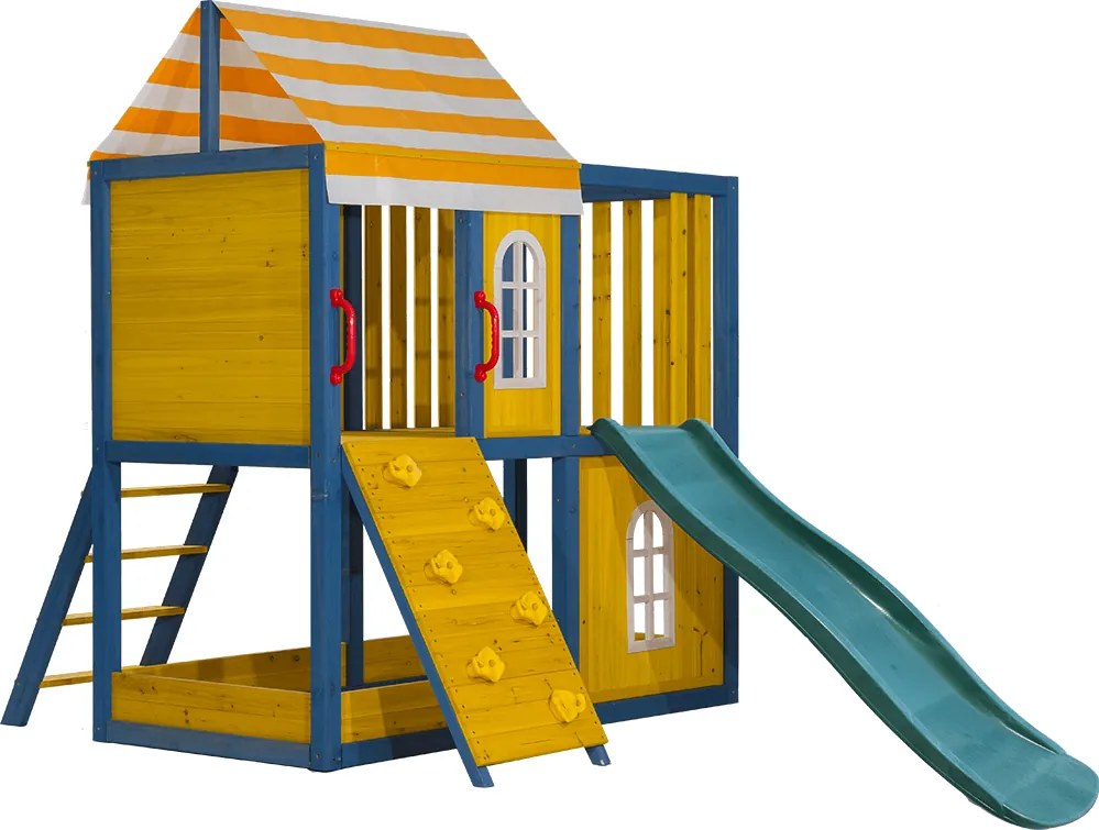 Căsuţă pentru grădină din lemn / loc de joacă pentru copii cu tobogan şi perete de căţărat, MANAS