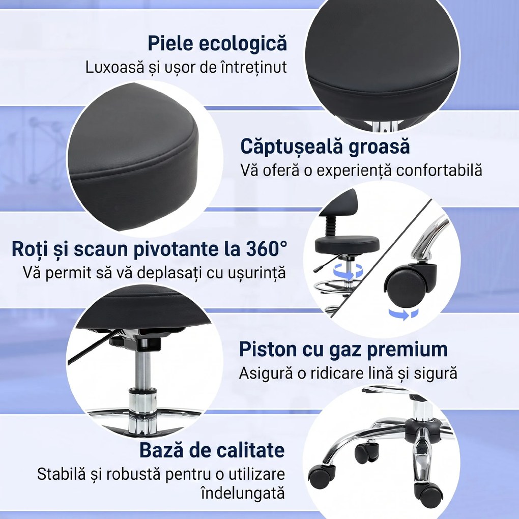 HOMCOM Scaun Rotativ la 360° și Reglabil pe Înălțime cu Suport pentru Picioare, 52x52x78-92 cm, Negru | Aosom Romania