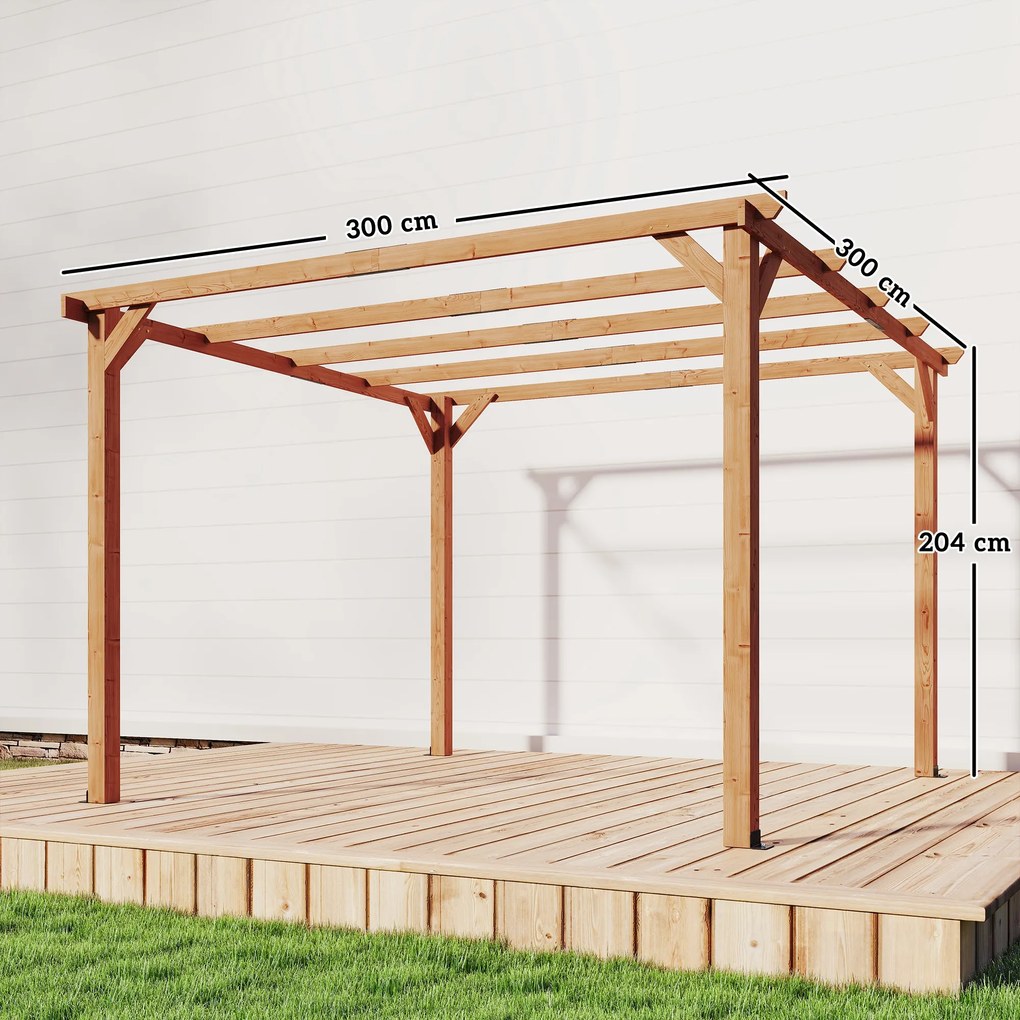 Outsunny Pergolă Gazebo 3x3 m din Lemn de Brad, Pergolă pentru Grădină cu Suporturi Triunghiulare și 5 Grinzi pentru Plante Cățărătoare, Pergolă din Lemn pentru Exterior, Patio, Terasă, Aspect Lemn de Arțar | Aosom Romania