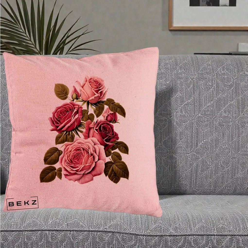 Perna Decorativa Trandafiri Vintage Roz-Rosii, 40x40 cm, Roz, Husa Detasabila, Perna Inclusa, BEKZ®