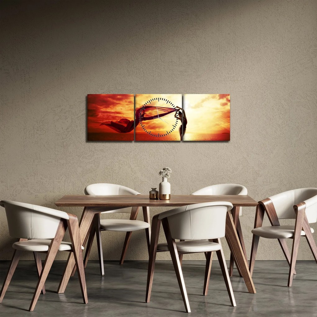 Tablou - Silueta femeii la apus de soare (cu ceas) (90x30 cm)