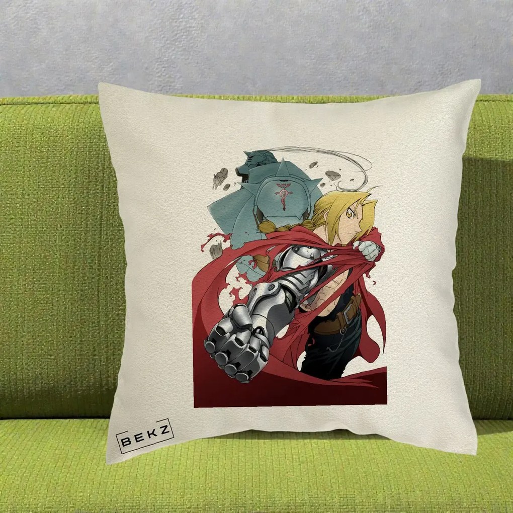 Perna Personalizata Fullmetal Alchemist Brotherhood Edward si Al Poster, 40x40 cm, Ecru, Husa Detasabila, Perna Inclusa, BEKZ®