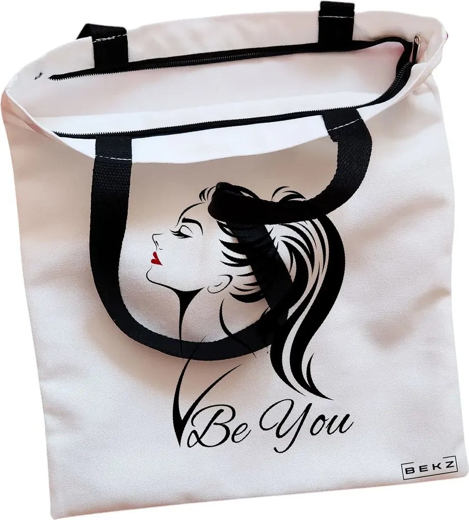 Sacosa de Panza pentru Cumparaturi, Geanta Tote, model Be You, Cu fermoar, 38x34.5 cm, Alba, BEKZ®