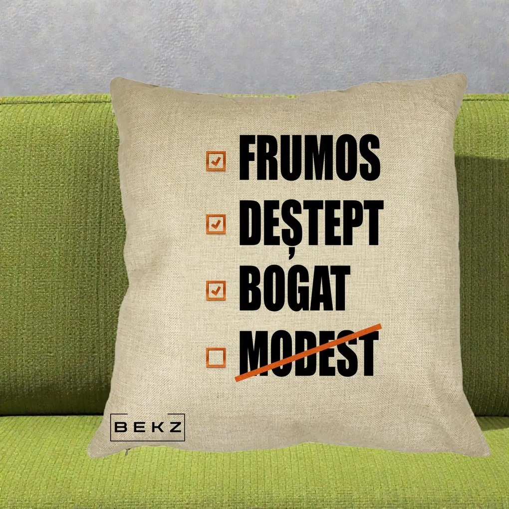 Perna Decorativa Frumos Destept Bogat, 40x40 cm, Crem, Husa Detasabila, Perna Inclusa, BEKZ®