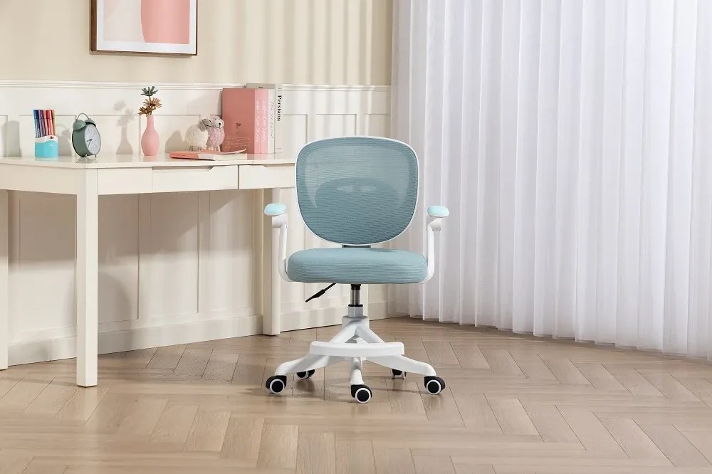 Scaun ergonomic pentru copii, suport lombar, suport picioare reglabil, rotativ, Albastru