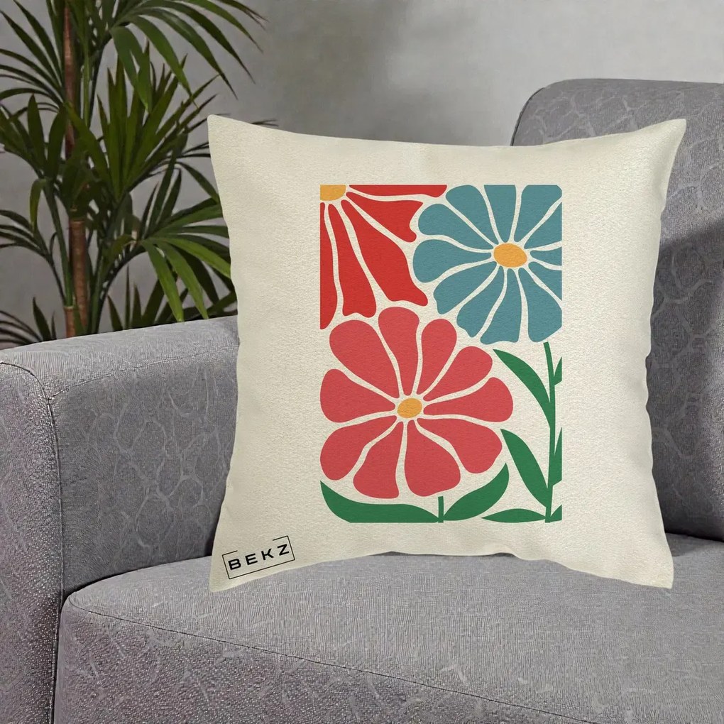 Perna Decorativa Flori Grafice Rosu-Albastru, 40x40 cm, Ecru, Husa Detasabila, Perna Inclusa, BEKZ®