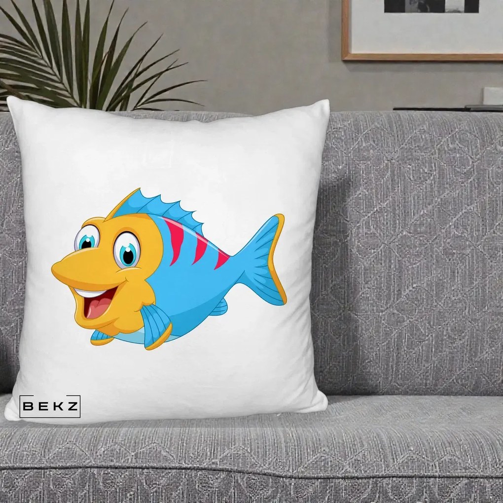 Perna Decorativa Peste Vesel Cartoon, 40x40 cm, Alb Pufos, Husa Detasabila, Perna Inclusa, BEKZ®