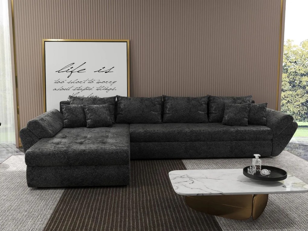 Colțar extensibil dumonde cu ladă de depozitare si sezut confortabil din spuma high-density, Loana XL Euphoria Negru 335x185 cm