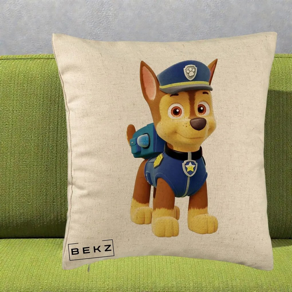 Perna Personalizata Chase PAW Patrol Albastru, 40x40 cm, Bej, Husa Detasabila, Perna Inclusa, BEKZ®
