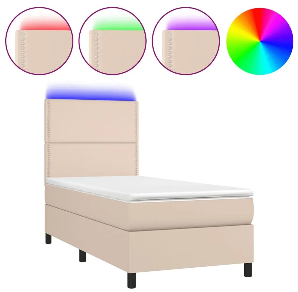 3135872 vidaXL Pat cu arcuri, saltea și LED, cappuccino, 100x200cm, piele eco