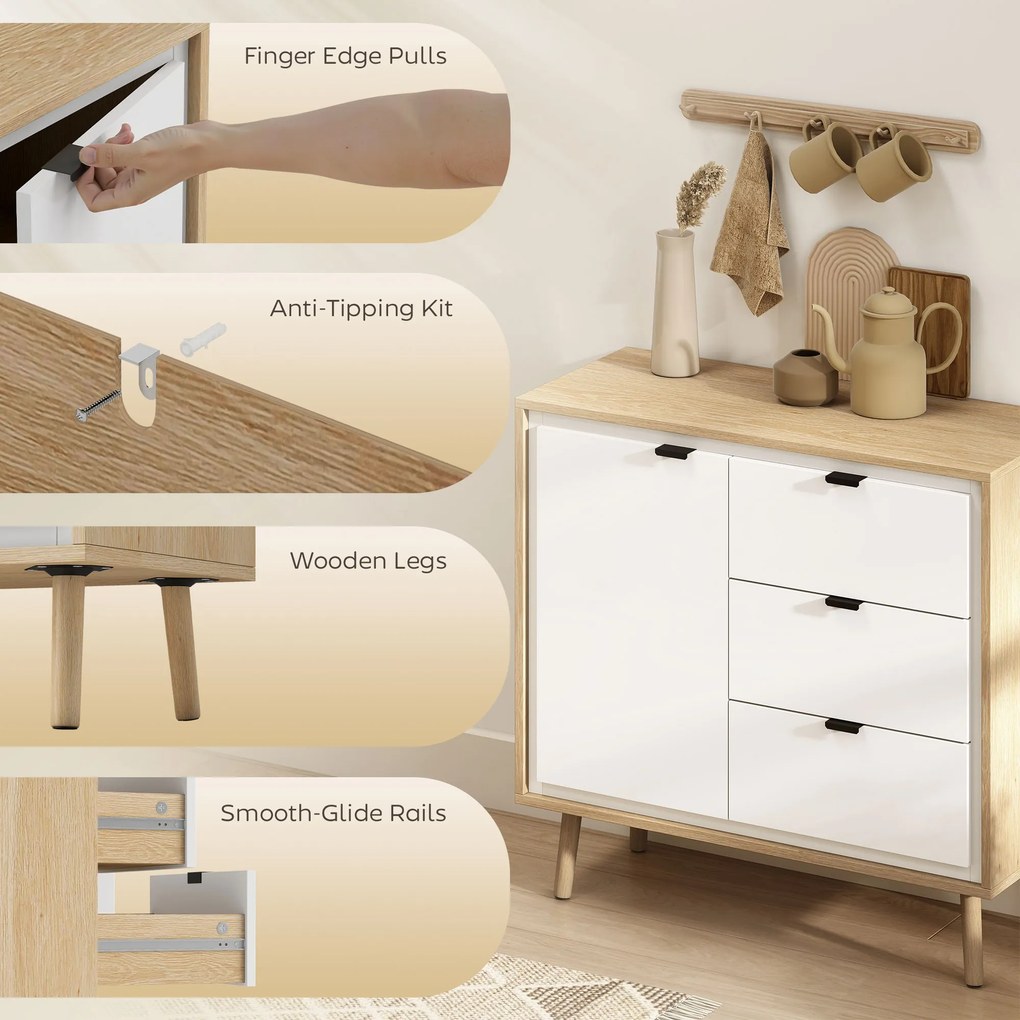 HOMCOM Credență de bucătărie cu 3 sertare și dulap Alb lucios și stejar | Aosom Romania