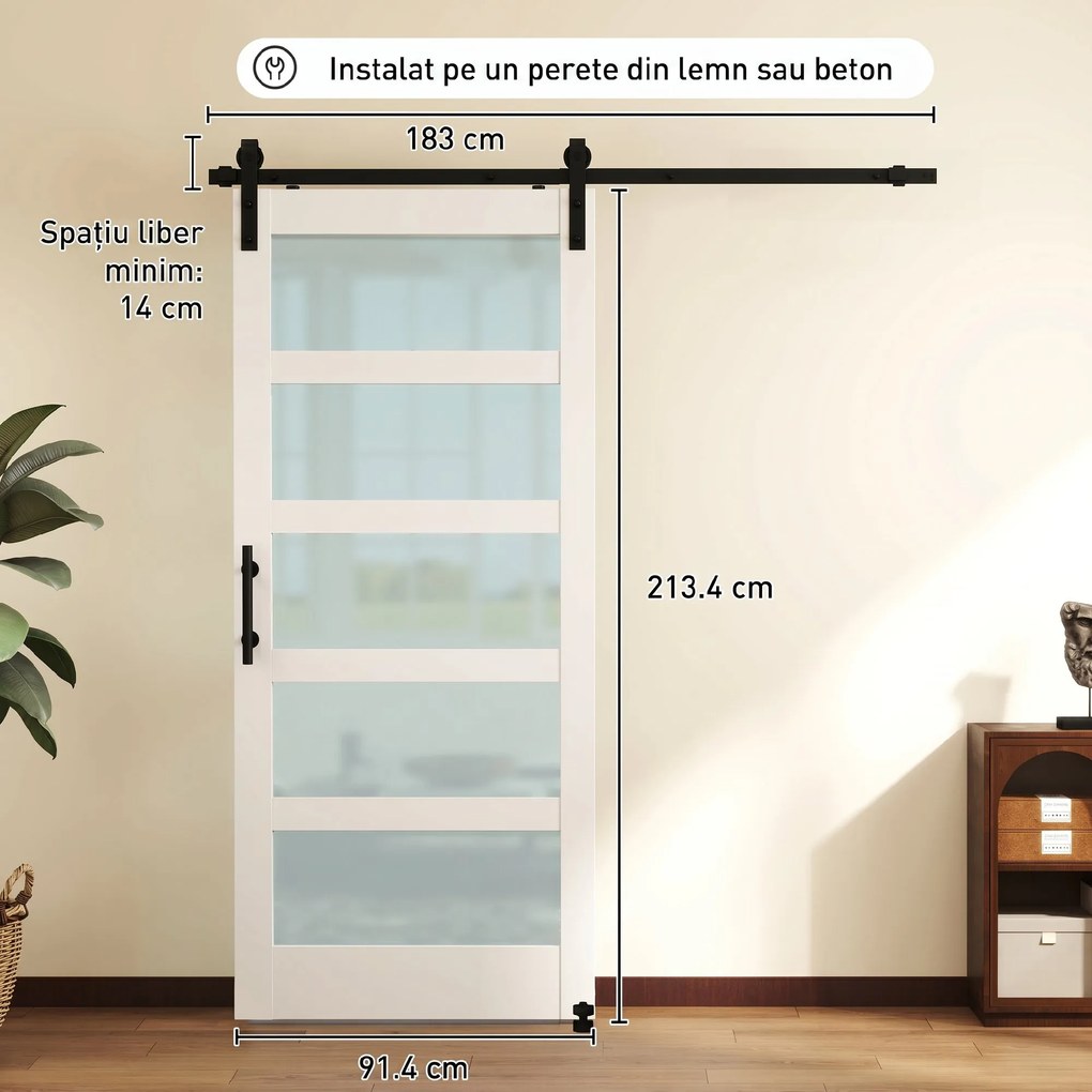 HOMCOM Ușă Glisantă 91.4x213.4cm cu Kit, Panouri din Sticlă, Aspect Lemn Alb | Aosom Romania