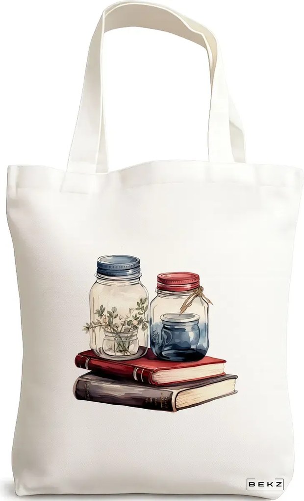 Sacosa de Panza pentru Cumparaturi, Geanta Tote, model Books and flowers 7 38 x 34.5 cm, Alba, BEKZ®