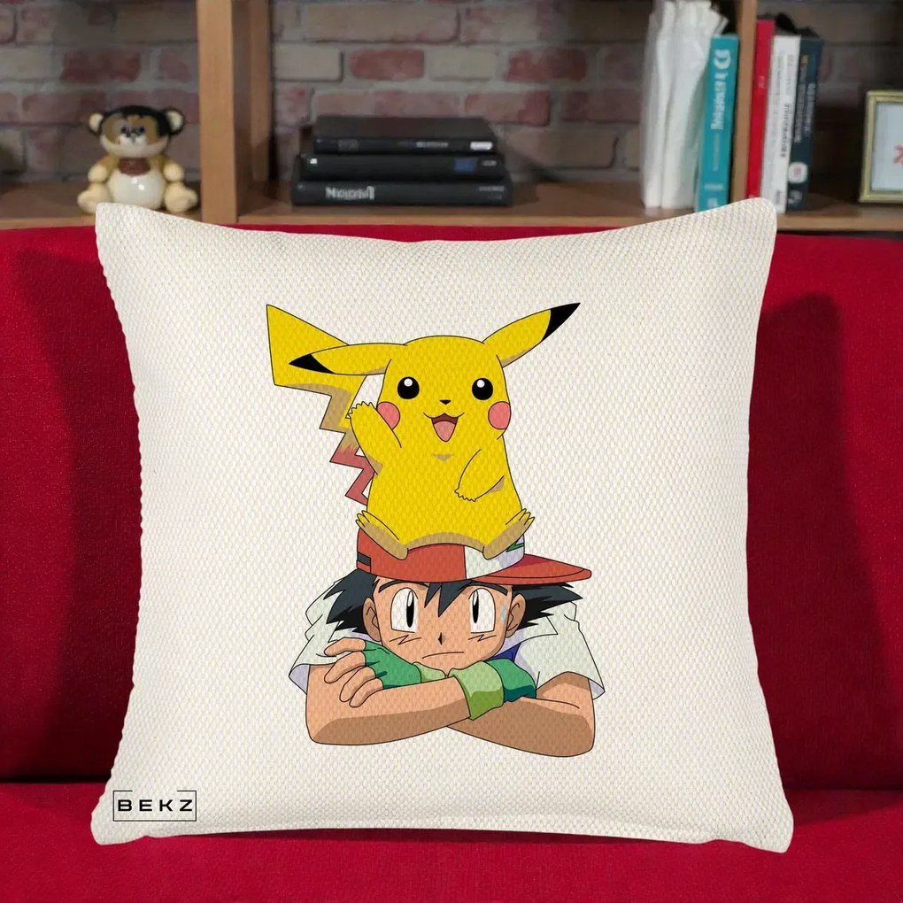Perna Personalizata Ash si Pikachu, 40x40 cm, Crem Reliefat, Husa Detasabila, Perna Inclusa, BEKZ®