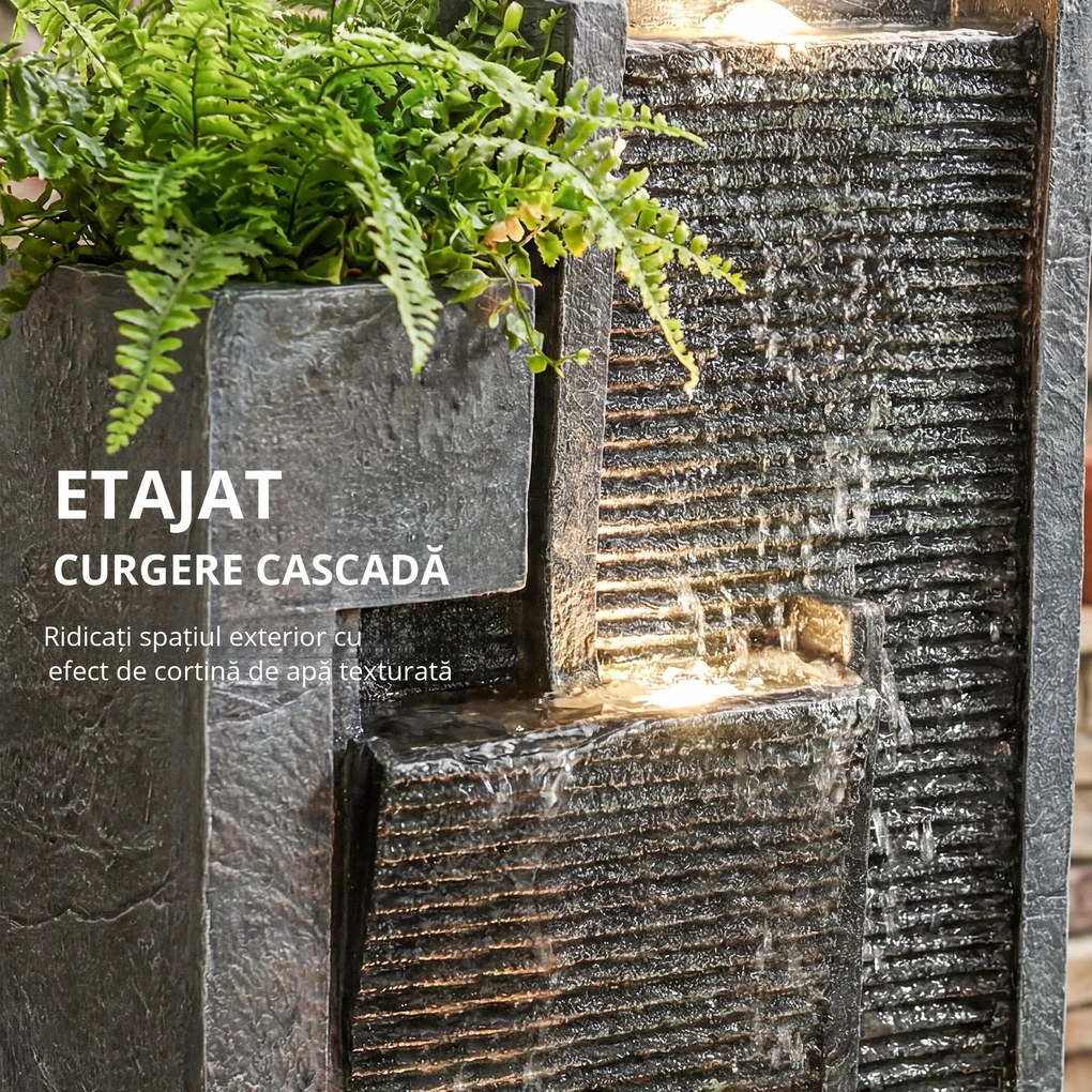 Outsunny Fântână 3 trepte pentru grădină cu iluminare LED, ghiveci, pompă, aspect piatră, reglabil 38 x 19 x 101 cm | Aosom Romania