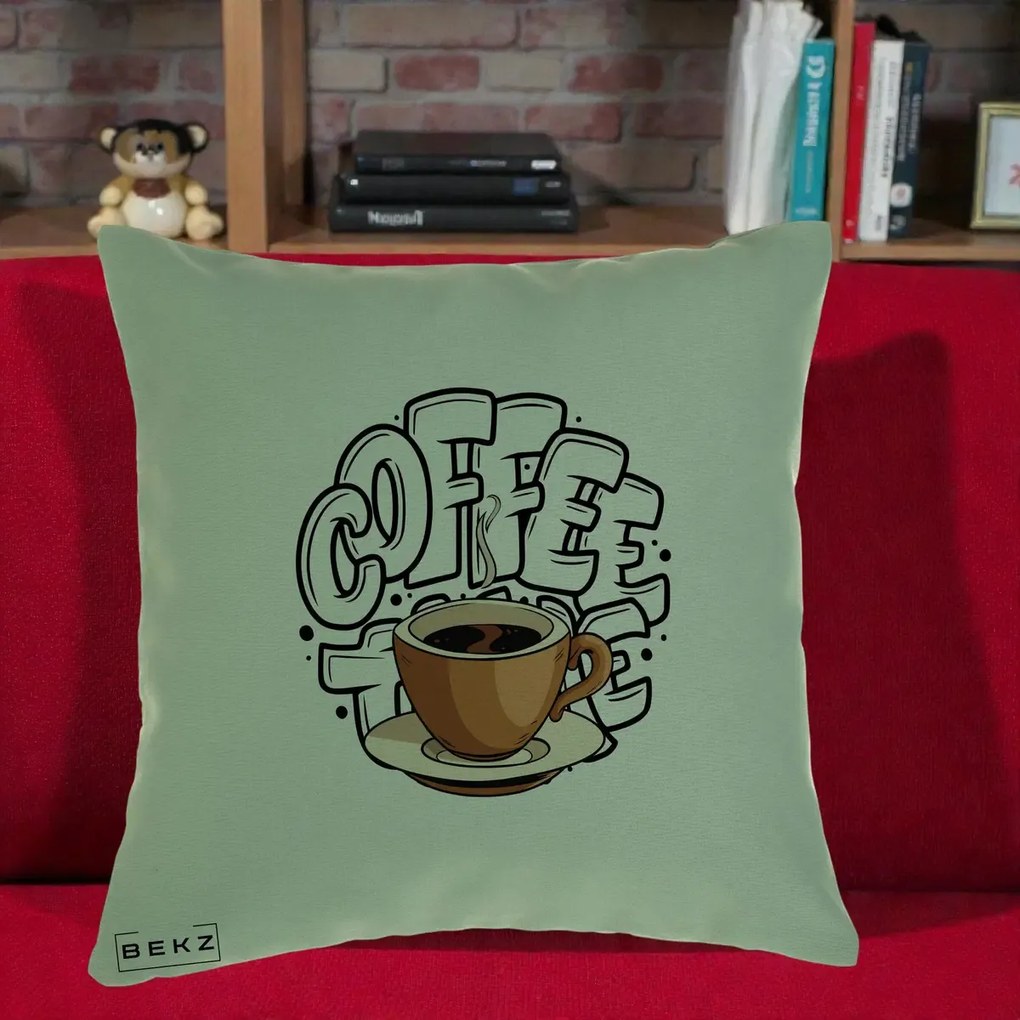 Perna Personalizata COFFEE cu Cana, 40x40 cm, Verde, Husa Detasabila, Perna Inclusa, BEKZ®